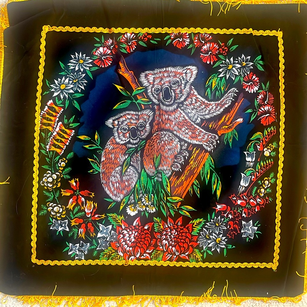 Vntg Hand Painted Velvet Koala Tapestry Pillow Case Wall Hanging Made in Japan